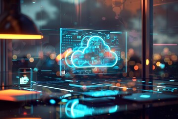 Obraz premium A glowing cloud computing icon displayed on a monitor in a modern office setting. The concept of cloud storage and data security.