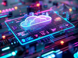 A glowing cloud icon on a futuristic circuit board, representing data storage, technology, and innovation.