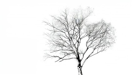  A monochrome image of a bare tree standing against a white backdrop