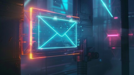 A glowing neon email icon in a futuristic cityscape.  The icon is in a vibrant blue, surrounded by red and pink lights.
