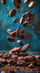 cocoa beans in freeze flying in air against blue petrol background, used to make cocoa and chocolate
