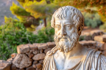 A detailed sculpture of Aristotle in an outdoor setting, with greenery and a stone wall in the background. The lighting accentuates the features of the bust.