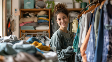 Obraz premium A telephoto angle capture of a student organizing clothes in a new wardrobe, smiling as they arrange their space, environmental scientists, engineers, activists working, environmen