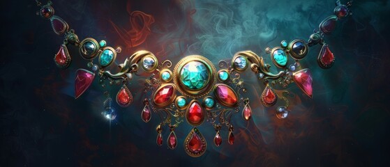 A gold necklace with ornate details and vibrant gemstones.