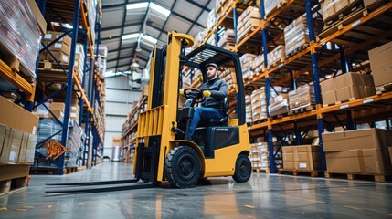 A man is operating a yellow forklift in a busy warehouse with tall racks filled with boxes and goods. The setting is organized and well-lit, reflecting a robust logistics operation.