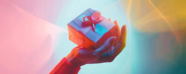 A hand holding a wrapped gift, bathed in colorful light.