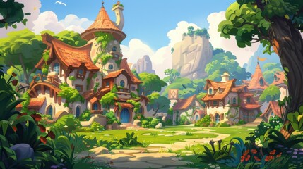 Obraz premium A whimsical village set against a backdrop of lush greenery and blue skies, featuring charming houses with red-tiled roofs and a towering rock formation in the background.