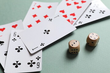 Playing cards on color background, top view. Gambling concept