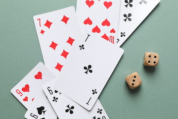 Playing cards on color background, top view. Gambling concept