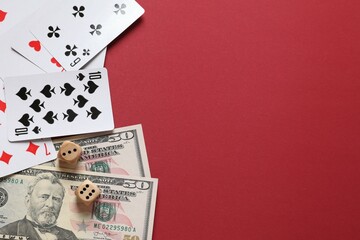 Playing cards on color background, top view. Gambling concept