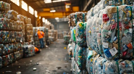 Obraz premium A large warehouse filled with stacked bales of recycled plastic bottles. Two workers are visible in the background.