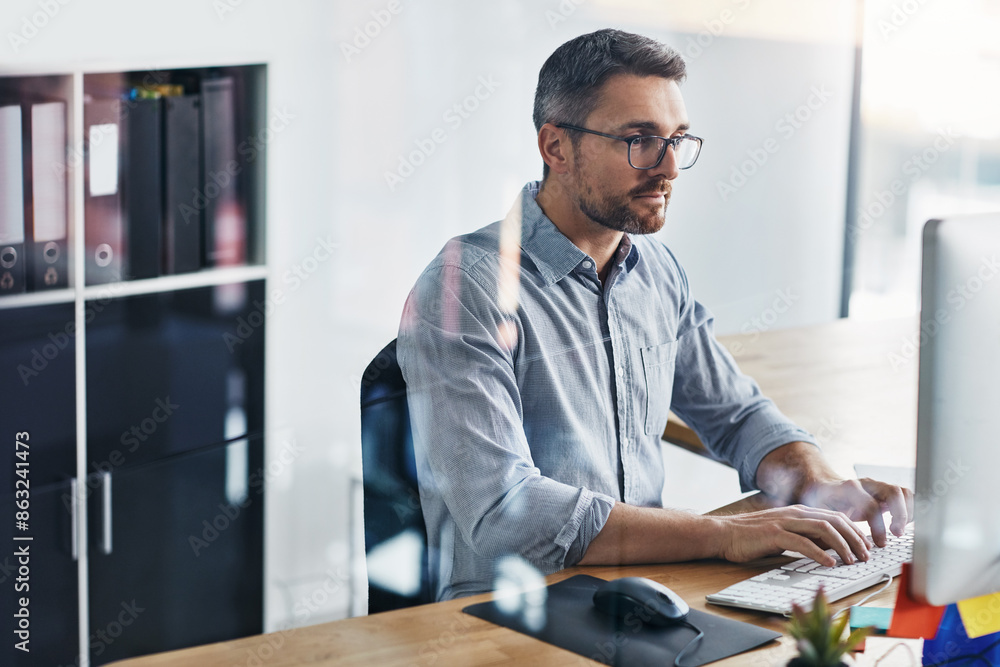 Poster clerk, computer and business man typing at desk for project proposal, update report or folders. admi