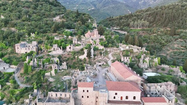 Ruins of old town in Mystras, Greece - archaeology background