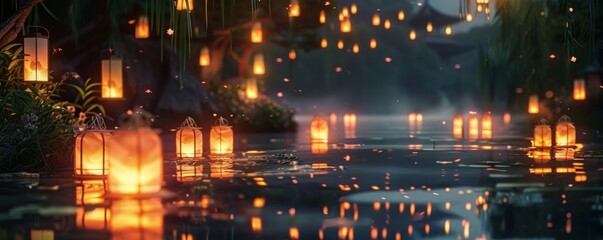 A magical forest lit by glowing lanterns.