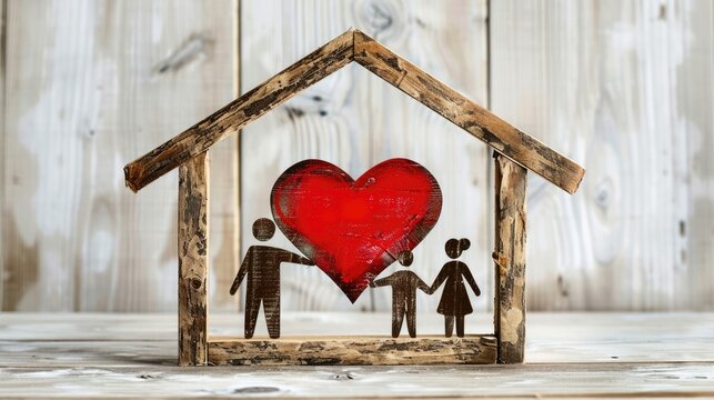 A wooden house with a heart in the middle and three people around it. The house is a symbol of love and family