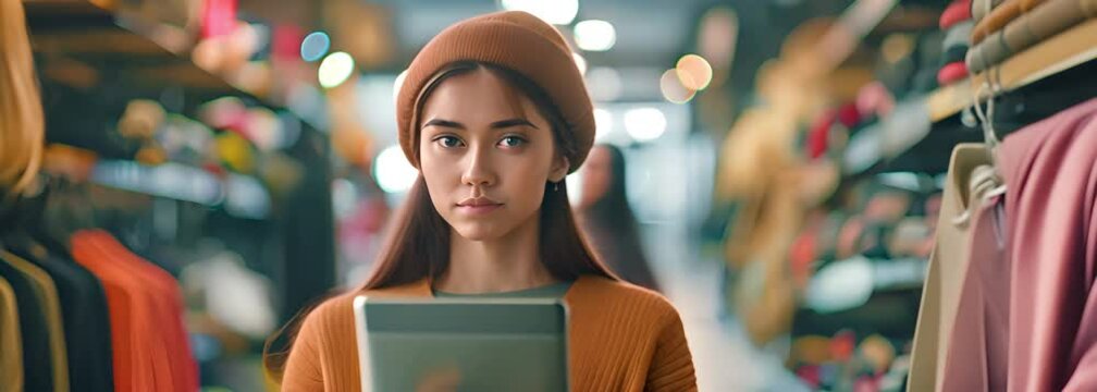The proprietor of a tiny, home-based SME fashion store, a young, gorgeous, hipster Asian woman, uses a digital tablet to check the stock of garments or package boxes on the rail rack.