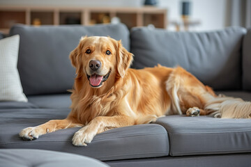 A happy Golden Retriever lying comfortably on a gray sofa in a cozy home environment. The dog is looking at the camera with a relaxed and content expression