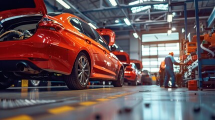 Car mechanics are changing a tire in an auto repair shop. The garage environment is well-lit, with multiple vehicles being serviced.