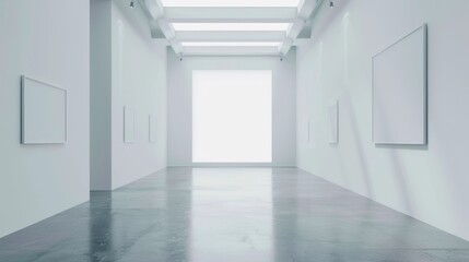 A minimalist gallery hallway with blank picture frames on the wall.  Sunlight streams in from a large window at the end of the hall.