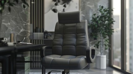 A modern black office chair with a headrest sits in a minimalist office space with a window and plants.