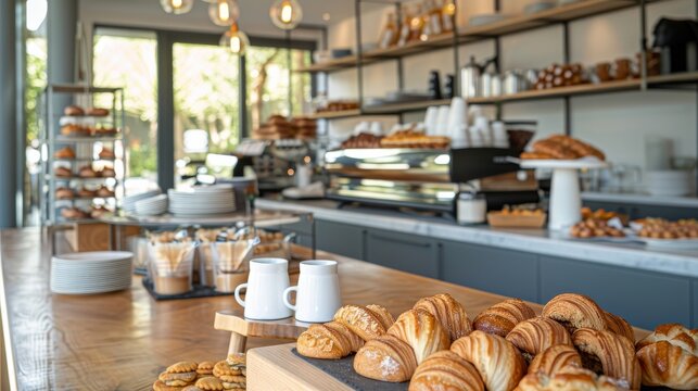 A modern bakery with a variety of pastries and coffee displayed on the counter.