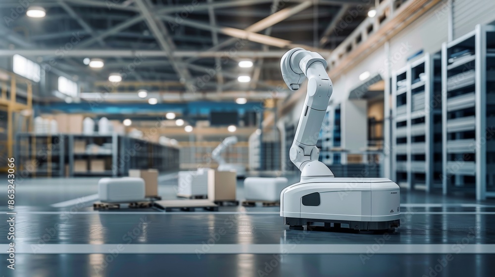 Poster a modern warehouse with robotic arms and automated carts handling packages. the image represents aut