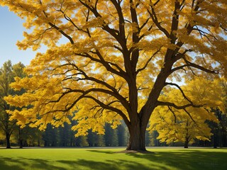 Fototapeta premium Large tree with golden autumn leaves in a sunny park
