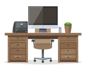 A modern office desk with a computer, printer, chair, and a potted plant.