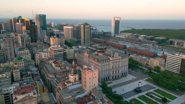 Aerial view of Centro Cultural Kirchner Building at sunset time in Buenos Aires, Argentina.