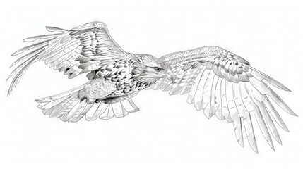 Fototapeta premium A black and white sketch of a hawk in mid-flight with its wings fully extended