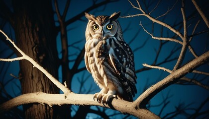 Obraz premium owl standing on a tree branch at midnight 