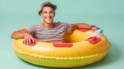 Joyful man in summer outfit seeks travel deals, with inflatable ring, on light blue backdrop