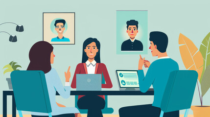 Job interview held online, using video call. HR team talks to the job seeker over a video call. Employer and employee meet virtually.