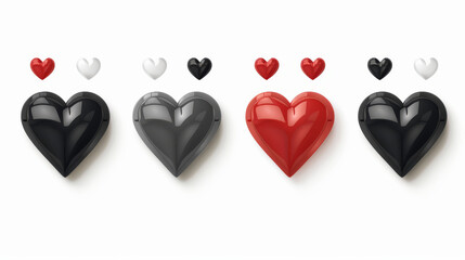 A set of heart symbols in red, black, and white. These heart icons are simple and easy to understand, making them perfect for any design project.