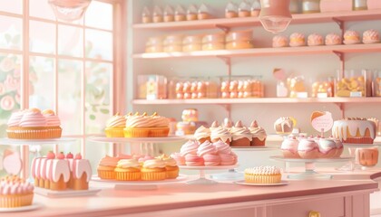 A pastel pink bakery shop filled with sweet treats and pastries, bathed in warm sunlight.