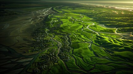 Aerial view of a river delta with lush green vegetation, showcasing a network of waterways and vibrant landscapes blending seamlessly with the surrounding terrain.