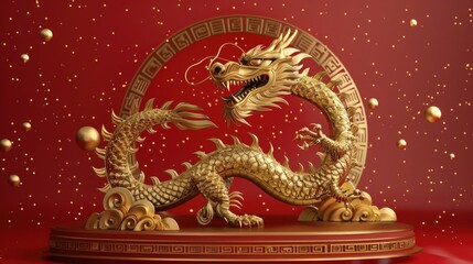 Fototapeta premium Golden Dragon Statue on Red Surface