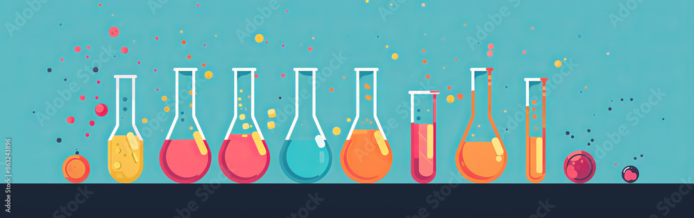 Poster an illustration of various laboratory glassware filled with colorful liquids, surrounded by floating
