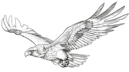 Fototapeta premium A black-and-white sketch of a hawk with open wings and its beak prominently displayed