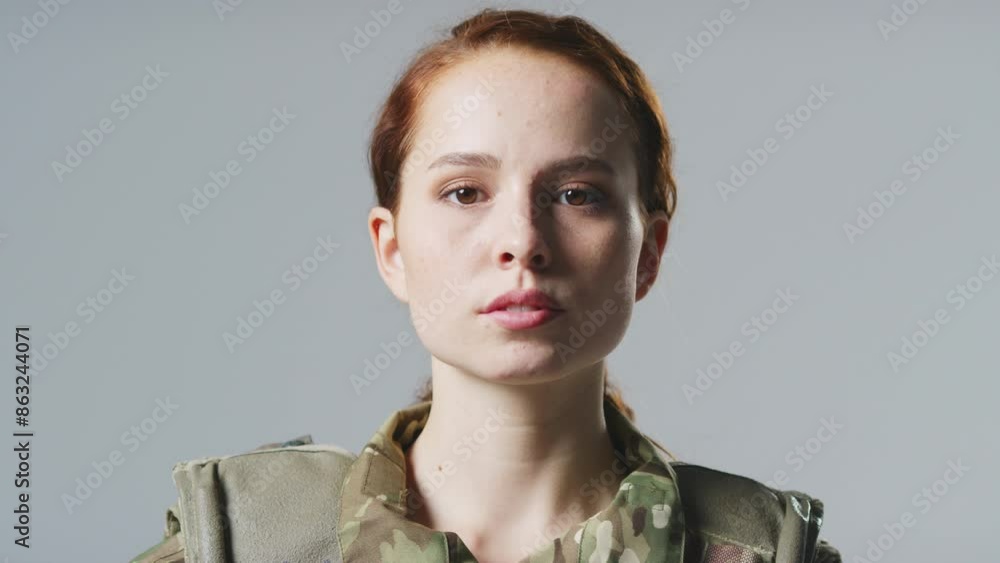 Wall mural Serious young female soldier in uniform wearing body armour turning to face camera in front of plain studio background - shot in slow motion