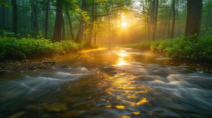Obraz premium A serene forest creek meanders through the woods in the warm, golden sunlight of a setting sun, creating a picturesque and cinematic 8K nature scene.