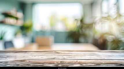 A wooden table in focus with a blurred office background, creating a cinematic effect with natural light streaming through windows.