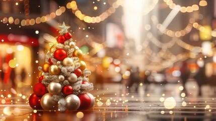 A close-up of red and white balls adorning a Christmas tree with a bokeh background, blending festive cheer with a warm and dreamy ambiance.