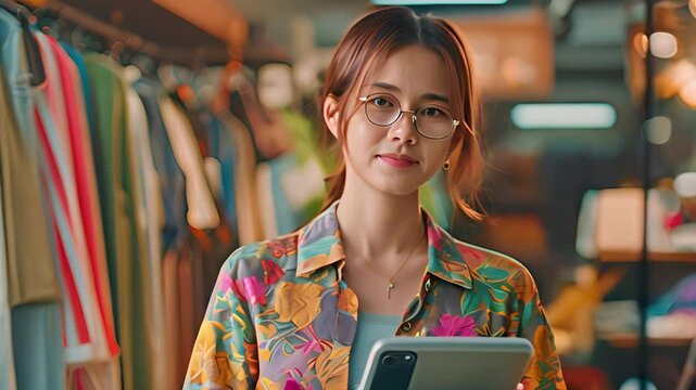 The proprietor of a tiny, home-based SME fashion store, a young, gorgeous, hipster Asian woman, uses a digital tablet to check the stock of garments or package boxes on the rail rack.