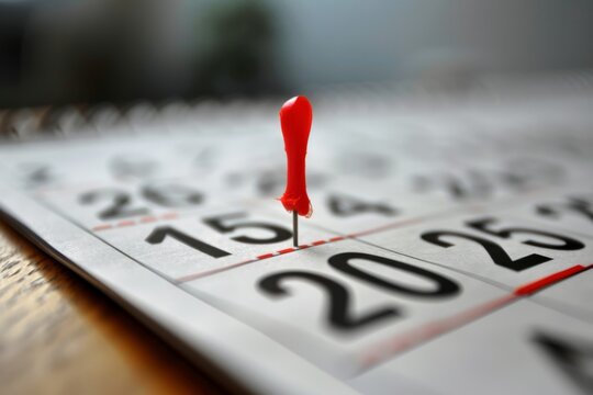 A red push pin marks the 15th on a calendar page, highlighting an important date.