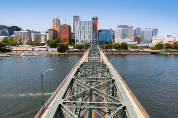 Historic Hawthorne bridge aerial view in Portland, Oregon.