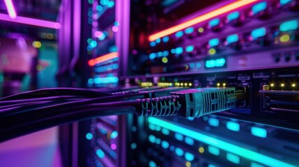Naklejka premium A close-up shot of organized networking cables and illuminated server racks in a vibrant, multicolored data center environment.