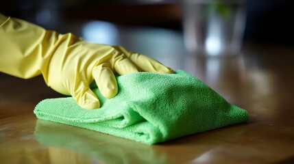 Female cleaner in gloves polishing table, professional service in home or office interior