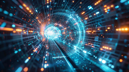 Obraz premium A glowing portal shines in a dark tunnel filled with digital light. This futuristic scene symbolizes the gateway to a cyber world where technology and imagination collide.