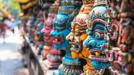 Naklejka premium A row of colorful, intricately carved wooden masks in a street market.